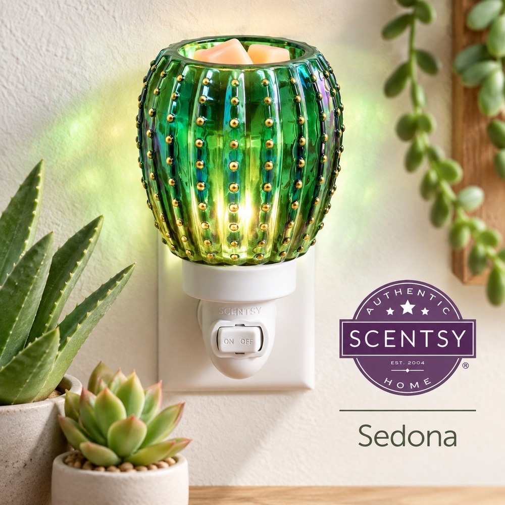 Scentsy Sedona Plug In Wax Warmer Green Iridescent Cactus Glass New Open Box